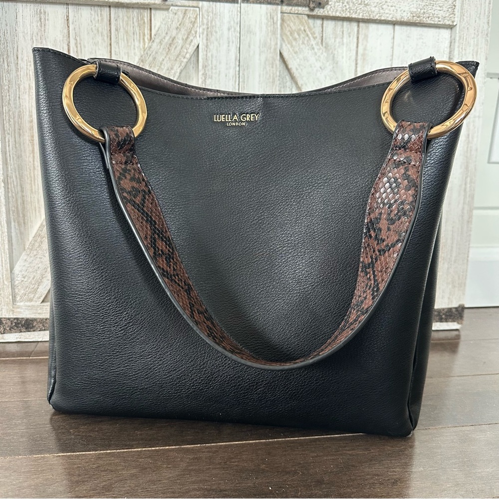 Luella Grey London Isadora‎ Hobo Tote Black Snake Skin Handle Gold Accents